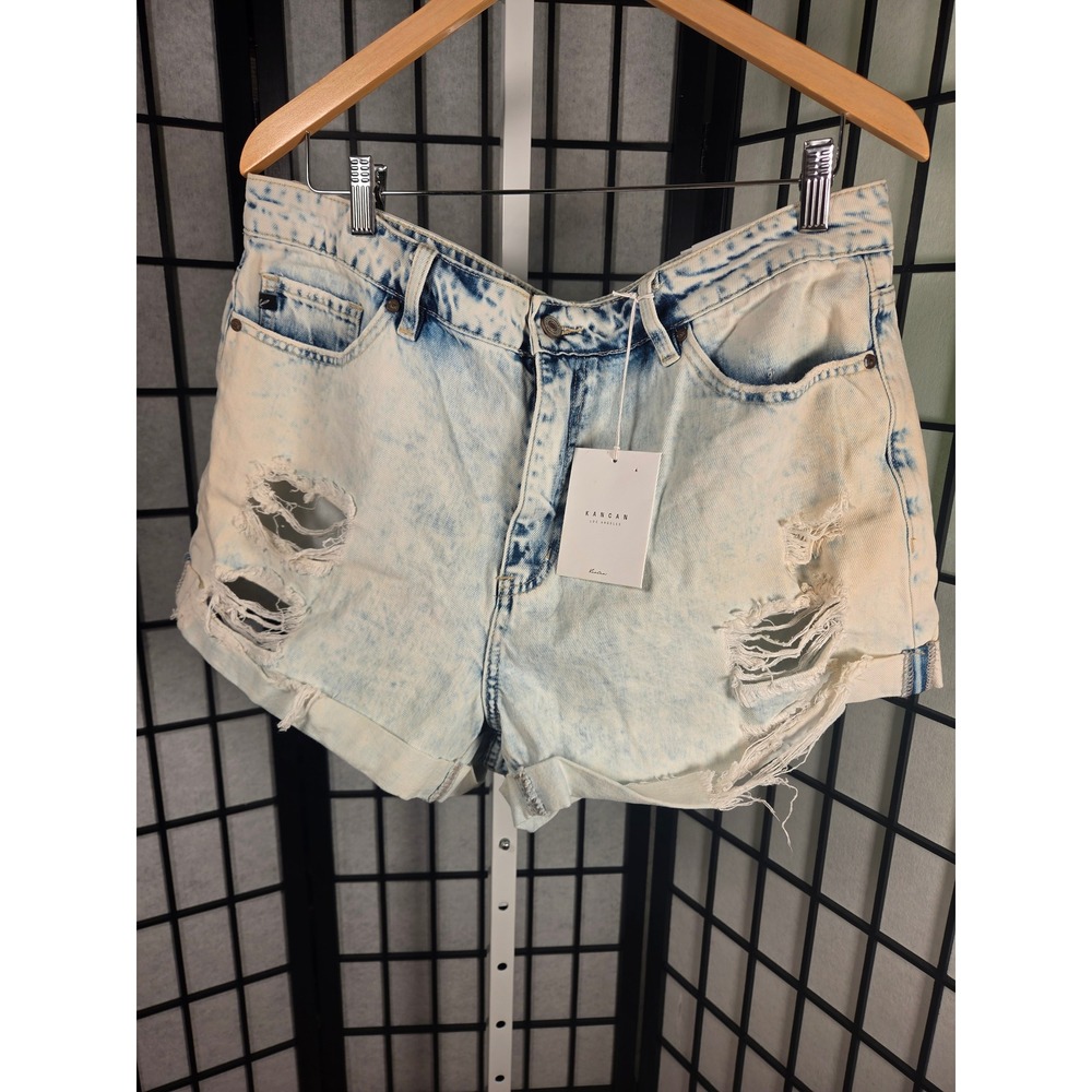 Kancan Boho Grunge Festival Distressed Acid Wash High Rise Jean Shorts 1XL Women